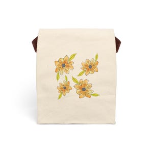 Canvas Lunch Bag, Watercolor Flower Art, Paper Bag Look, 100% Cotton, Strap Handle, 12.5x8x5.5, Snack Bag, Reusable Lunch Tote