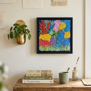 Original Floral Acrylic Painting – Colorful Meadow Impressionist Art in Black Floater Frame