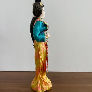Op de afbeelding: Een decoratieve pop met donkerbruin haar in een knotje met een zwart accessoire. De pop draagt een blauwgroene top met lange mouwen en ingewikkelde randen en een lange gele rok versierd met een roze bloemenpatroon, gezien in zijaanzicht.