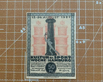 Alemania 50 Pfennig Notgeld. Década de 1920, época entre la Primera y la Segunda Guerra Mundial. Moneda de emergencia alemana. Primera y Segunda Guerra Mundial.