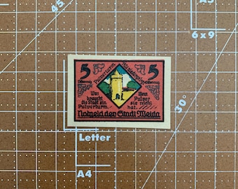 Stamp Size Rare Germany 5 Pfennig Notgeld. 1920's, Era Between WWI and WWII German Emergency Currency WW1, WW2. City of Meida Scarce Mint