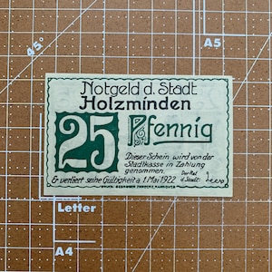 Germany 25 Pfennig Notgeld. 1920&#39;s, Era Between WWI and WWII German Currency WW1, WW2. Due to Coin Shortage These small Change Notes Printed