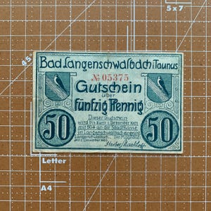 Germany 50 Pfennig Notgeld 1920&#39;s, Era Between WWI and WWII German Currency WW1, WW2. Due to Coin Shortage These small Change Notes Printed.