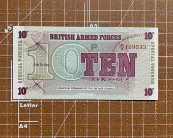 Banknot brytyjskich sił zbrojnych. Waluta 10 pensów armii brytyjskiej. Pamiątki papierowych pieniędzy angielskich z 1972 r. Okres po II wojnie światowej. Okres po II wojnie światowej, II wojna światowa.