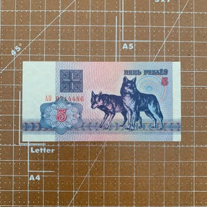 May include: A Belarusian five ruble banknote featuring two wolves. The bill has a blue and red color scheme with the number 5 in multiple places. The text "ПЯЦЬ РУБЛЁЎ" is printed at the top.
