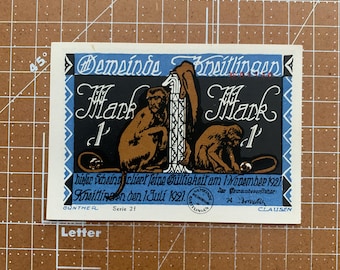 Monkey Family, Germany 1 Mark Notgeld. 1920's, Era Between WWI and WWII German Emergency Currency WW1, WW2.
