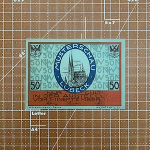 Germany 50 Pfennig Notgeld. 1921, Era Between WWI and WWII German Emergency Currency WW1, WW2. Nordische Woche Musterschau. Church at Front.