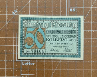 Alemania 50 Pfennig Notgeld. Década de 1920, época entre la Primera y la Segunda Guerra Mundial. Moneda de emergencia alemana. Primera y Segunda Guerra Mundial.