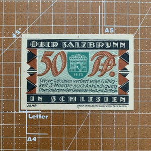 Germany 50 Pfennig Notgeld. 1920&#39;s, Era Between WWI and WWII German Currency WW1, WW2. Due to Coin Shortage These small Change Notes Printed