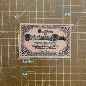 Germany 25 Pfennig Notgeld. 1920&#39;s, Era Between WWI and WWII German Currency WW1, WW2. Due to Coin Shortage These small Change Notes Printed