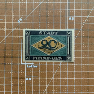 Germany 20 Pfennig Notgeld. 1920&#39;s, Era Between WWI and WWII German Emergency Currency WW1, WW2. Stadt Meiningen.