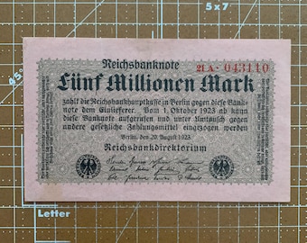 Billete alemán de 5 millones de marcos de 1923. Moneda alemana posterior a la Primera Guerra Mundial durante la hiperinflación.