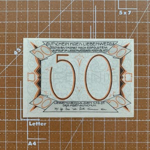 Germany 50 Pfennig Notgeld. 1920&#39;s, Era Between WWI and WWII German Currency WW1, WW2. Due to Coin Shortage These small Change Notes Printed