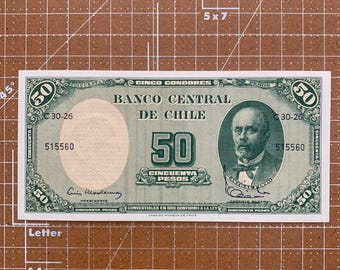 Billete de 5 céntimos de Chile de 50 pesos de 1960 y 61 sobrescritura de papel moneda
