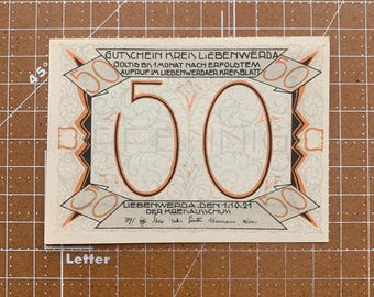 Alemania 50 Pfennig Notgeld. Década de 1920, época entre la Primera y la Segunda Guerra Mundial. Moneda de emergencia alemana. Primera y Segunda Guerra Mundial.