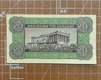 Akropol II wojna światowa Grecja 1940 Banknot 20 drachm Starożytna moneta Posejdon Partenon