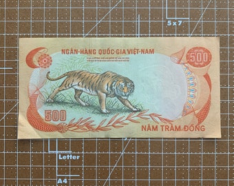 Banknot 500 Dong z czasów wojny w Wietnamie. Waluta Wietnamu Południowego. Kultowe papierowe pieniądze z tygrysem. Banknot Sajgonu. Pamiątki z wojny w Wietnamie.