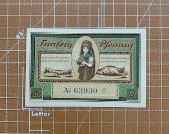 Alemania 50 Pfennig Notgeld. Década de 1920, época entre la Primera y la Segunda Guerra Mundial. Moneda de emergencia alemana. Primera y Segunda Guerra Mundial.