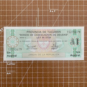 Rare 1991 Argentina Austral Bond Note - Tucumán Provincial Debt Cancellation, Jardin de la Republica Vintage Currency