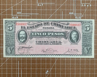 Duży banknot peso z czasów I wojny światowej 1914 r., wojna o niepodległość Meksyku 5 (Cinco). Waluta Chihuahua z czasów I wojny światowej. Francisco Madero, Meksyk, Chihuahua.