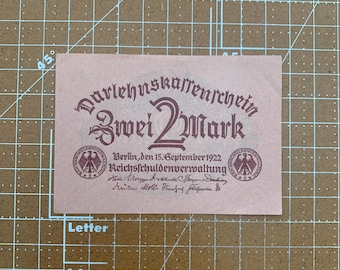 German 2 Mark 1922. Germany Post WW1 WWI Currency.