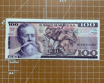 100 pesos meksykańskich. Bardzo rzadki banknot. Rewolucja meksykańska. Waluta Meksyku. Fioletowe pieniądze papierowe.