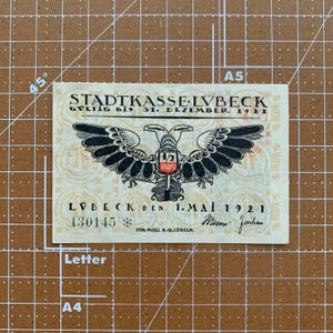 Germany 50 Pfennig Notgeld. 1921, Era Between WWI and WWII German Emergency Currency WW1, WW2. Luebeck.  Two-headed Eagle. Old Building.