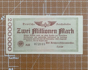 Niemiecka waluta o nominale 2 milionów marek z 1923 roku. Waluta niemiecka z okresu hiperinflacji po I wojnie światowej.
