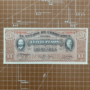 May include: A vintage banknote from the State of Chihuahua, Mexico, featuring a portrait of a man in a suit and tie. The note is dated 1914 and is worth twenty pesos. The text "El Estado de Chihuahua" is printed in red and black.