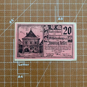Austria 20 Heller Notgeld. 1920&#39;s, Era Between WWI and WWII Austrian Currency WW1 WW2. Due to Coin Shortage These small Change Notes Printed