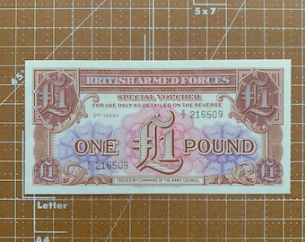 Billete de las Fuerzas Armadas Británicas. Moneda de 1 libra del Ejército Británico. Papel moneda de Inglaterra de 1956. Memorabilia. Posguerra. Segunda Guerra Mundial.