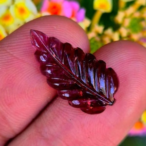 Könnte beinhalten: Ein geschnitzter, dunkelroter Edelstein in Form eines Blattes. Der Edelstein wird zwischen Fingern gehalten, mit einem verschwommenen Hintergrund aus bunten Blumen. Das Blatt hat detaillierte Adern und eine polierte Oberfläche.
