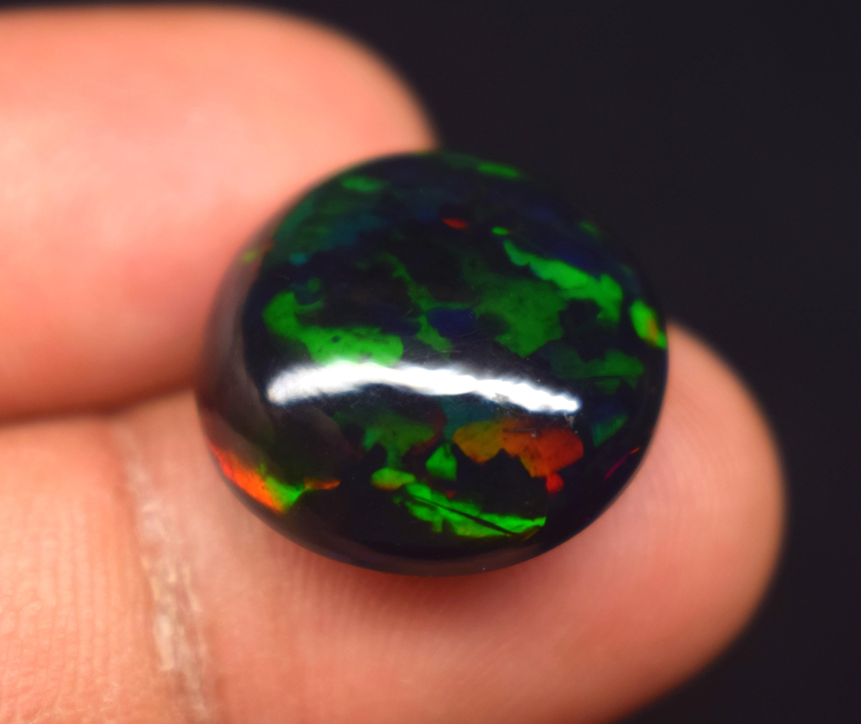 AAA++ Multi Fire Natural Ethiopian Opal Black Smoke Round Shape Cabochon Loose Opal 9.85 Carat, 17.5X7.5 mm Opal Gemstone