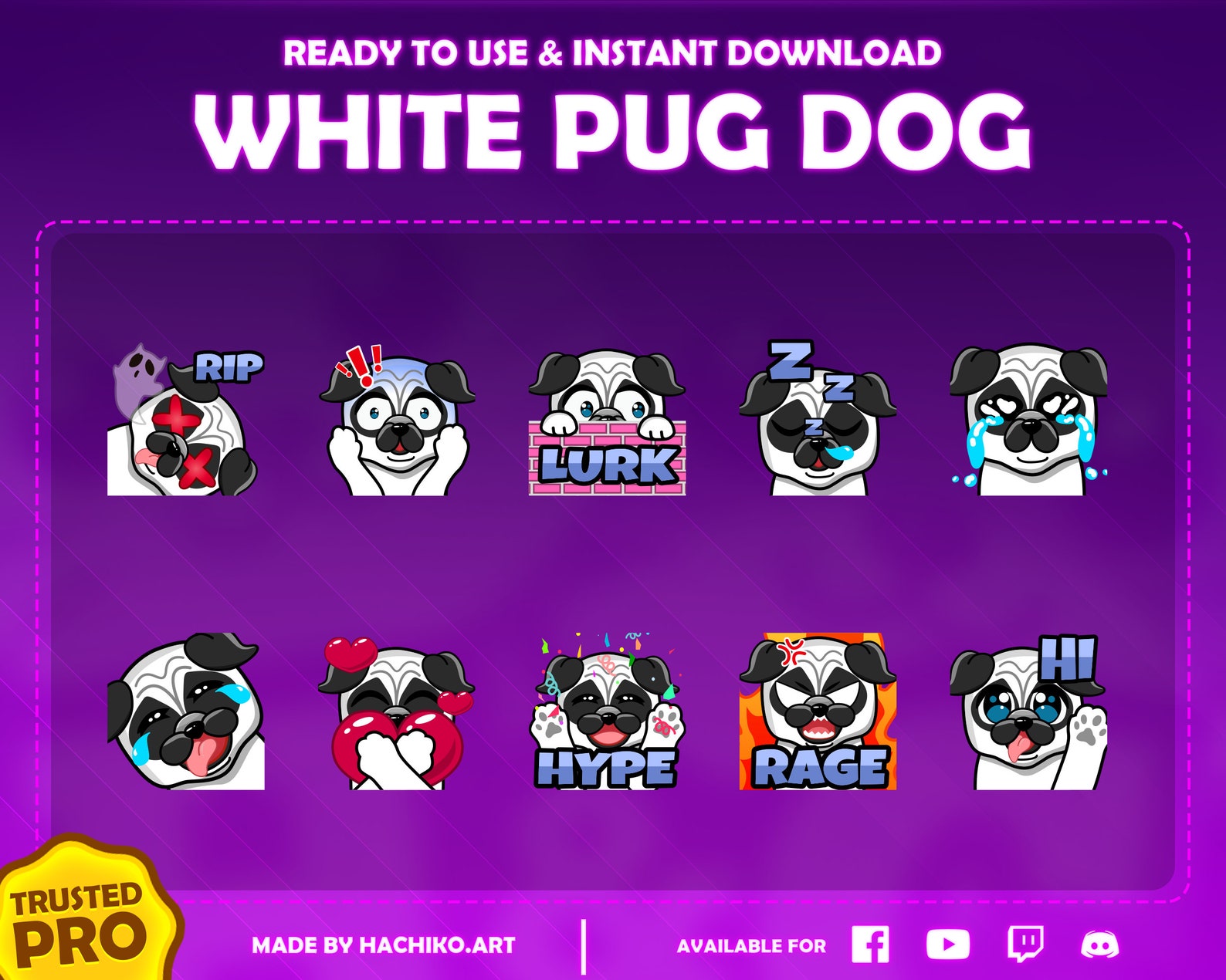 10 Emotes Pack Cute white pug dog Emotes fot twitch emotes | Etsy