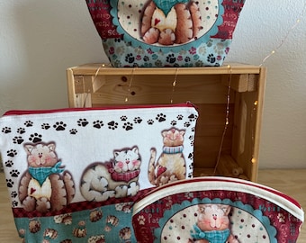 Cat-Themed Fabric Pouch Set