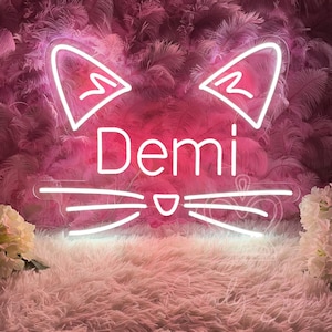 Placa de neon com nome de orelhas de gato personalizadas, placa de neon LED com nome personalizado, placa de nome iluminada, decoração de parede para quarto e casa, presentes de Natal para crianças, presentes de aniversário