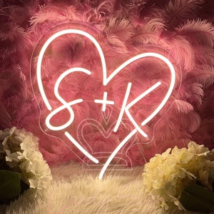 Insegna al neon a LED con cuore con iniziali personalizzate, insegna al neon minimalista con iniziali per matrimonio, sfondo per festa di fidanzamento, decorazione da parete per festa di proposta, regali