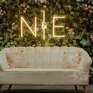 May include: A white couch with two pillows sits in front of a green wall with a neon sign that reads "N&E".