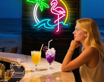 Letrero de neón de flamenco personalizado, palmera, playa, luz LED de neón, decoración para fiesta de bar de playa, arte de pared de bar tropical, letrero de casa de playa, arte de pared de flamenco