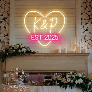 Benutzerdefinierte Initialen Name mit EST Leuchtreklame, minimalistische Initialen Herz Neon Hochzeit Zeichen, Nachname Neonlicht, Hochzeit Hintergrund, Hochzeitsgeschenk