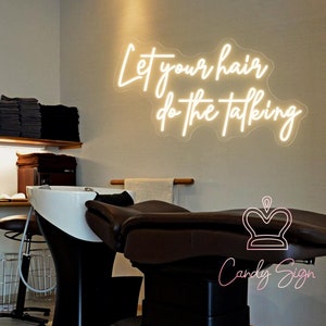 Letreiro de neon "Deixe seu cabelo falar", decoração de neon para salão de beleza, letreiro de LED para salão de cabeleireiro, decoração para escritório, decoração de parede para salão de cabeleireiro e barbearia