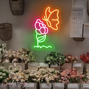 Letrero de neón de flores y mariposas, letrero de neón de plantas de flores personalizado, arte de pared floral, decoración de bar de pared para el hogar, decoración de floristería, regalos para el día de la madre