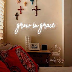 Letrero de neón Grow In Grace, letrero de neón personalizado, letrero religioso, decoración con versículos bíblicos, citas inspiradoras, decoración de pared para el dormitorio del hogar, regalo para cristianos