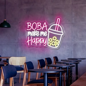 Sinal de néon Buba Make Me Happy, sinal de luz LED de chá de leite personalizado, luz de néon para loja de chá de bolhas, arte de sinal de parede de bar de bebidas, logotipo comercial de led personalizado