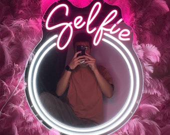 Espelho de selfie personalizado com letreiro de néon – Decoração de quarto estilo anos 2000, iluminação para salão de beleza