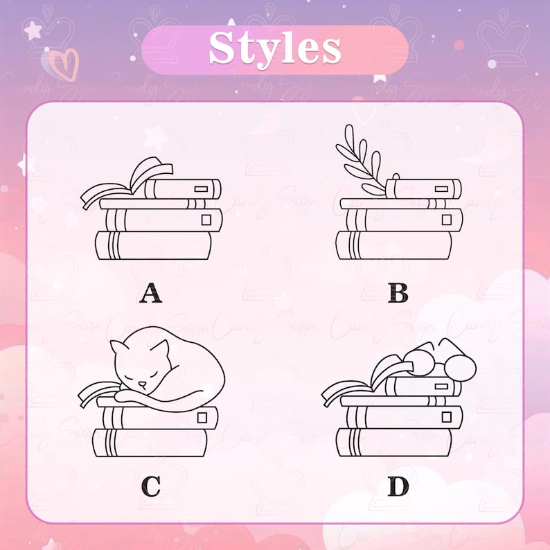 May include: A graphic featuring four different styles of stacked books. Each stack has three books. The styles include an open book with a ribbon, a sprig of leaves, a sleeping cat, and a pair of glasses with a ribbon. The word "Styles" is at the top.