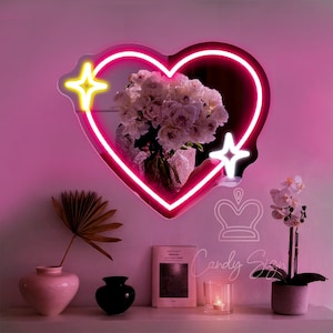 Letrero de neón con espejo de corazón brillante personalizado, arte de pared de neón con espejo Y2K, decoración de espejo de salón de belleza, decoración de espejo de dormitorio, regalo personalizado para ella