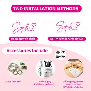 May include: Two installation methods for a pink neon sign with the name "Sophia" and a heart. The sign can be hung with a chain or mounted to the wall with screws. Accessories include screws, a chain, a power supply, and gift wrapping services.