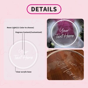 May include: A neon sign with a clear acrylic base. The sign features customizable engraved content and is available in 11 colors. The text "Your Text Here" is displayed in a circular design.