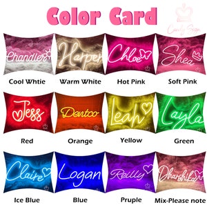 May include: A color card featuring neon signs in various colors, each displaying a name. Colors include cool white, warm white, hot pink, soft pink, red, orange, yellow, green, ice blue, blue, purple, and a mix. The text "Color Card" is at the top.